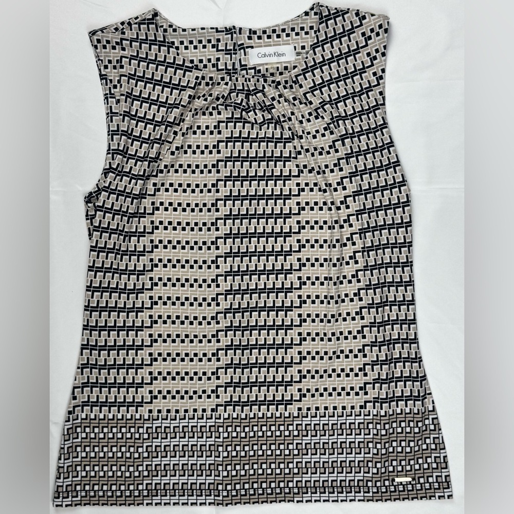 Calvin Klein Blouse Tank Top Beige, White, Black Geo Print - Size Petite Small